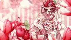 Woman food dress red eyes gloves anime girls hair ribbons