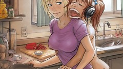 Woman food headphones Anime tongue blondes smiling anime girls 