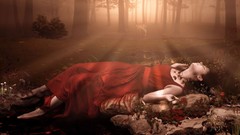 Woman forests red dress