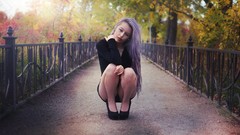 Woman front view legs purple hair upskirt high heels mini skirts