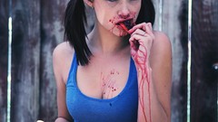 Woman fruits blue eyes brunettes freckles models Sierra Love