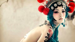 Woman game tears sorrow fashion asians tattoos oriental topless 