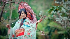 Woman Garden Japanese Umbrellas asians brunettes black hair 