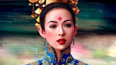 Woman geisha faces brunettes artwork fantasy art Chinese clothes