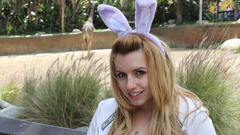 Woman Giraffes faces blondes brown eyes necklaces bunny ears 