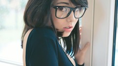 Woman glasses brunettes bangs models girls with glasses stare 