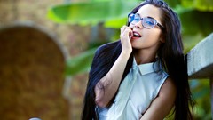 Woman glasses brunettes black hair girls with glasses fingers 