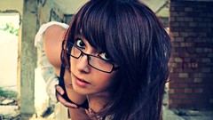 Woman glasses brunettes holding boobs