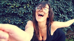 Woman glasses brunettes open mouth cleavage girls with glasses 