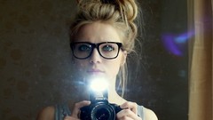 Woman glasses Cameras blondes blue eyes girls with glasses