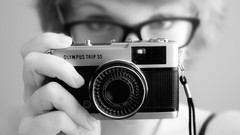 Woman glasses Cameras grayscale