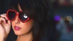 Woman glasses Hearts bokeh brunettes heart shaped sunglasses