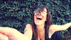 Woman glasses long hair blue eyes brunettes cleavage