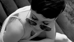 Woman glasses monochrome tattoos brunettes models cleavage