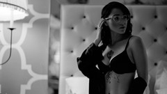 Woman glasses monochrome tattoos lingerie bra panties