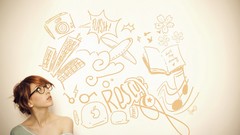 Woman glasses notes earrings drawings redheads looking up