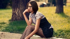 Woman glasses Parks legs stockings brunettes models striped 