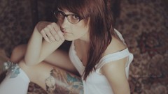 Woman glasses sitting tattoos brown eyes brunettes brownies 