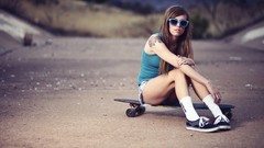Woman glasses socks legs tattoos brunettes skateboards