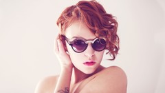 Woman glasses tattoos piercings redheads Simple Background