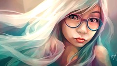 Woman glasses white hair faces asians artwork