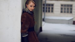 Woman gloves coat blondes models ponytails Olesya Kharitonova