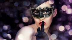 Woman gloves faces bokeh masks fingers on lips Venetian masks