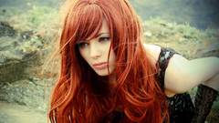 Woman gloves long hair green eyes bangs models redheads Erica 