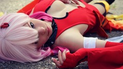 Woman gloves red dress asians pink hair long hair guilty crown 