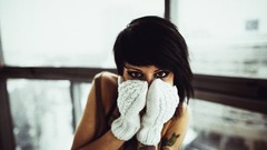 Woman gloves tattoos brunettes short hair