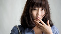 Woman gray background asians brunettes bangs models Korean 