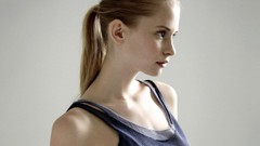 Woman gray background shoulders blondes models ponytails Yasmin 