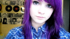 Woman green eyes purple hair