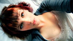 Woman green eyes short hair bangs redheads selfshot