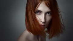 Woman green eyes short hair redheads grey background bob cut