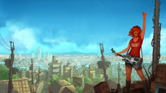 Woman guitars cityscapes redheads artwork futuristic