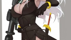 Woman Guns Anime white hair Swords anime girls brown eyes 