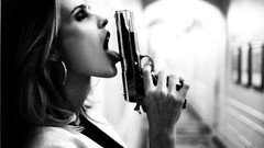 Woman Guns closed eyes licking girls with guns grayscale