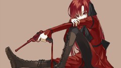 Woman Guns dress red eyes Ribbons pistols bows long hair boots 