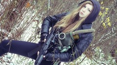 Woman Guns Kalashnikov survival ak-47 blondes forests gas masks 