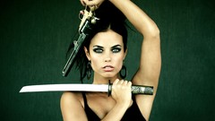 Woman Guns Katana Swords brunettes models