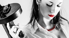 Woman Guns mafia red lipstick grayscale thompson
