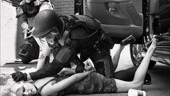 Woman Guns police cars dress monochrome starbucks WTF grayscale 