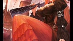 Woman Guns ships Anime sitting anime girls green eyes cleavage 