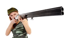 Woman Guns white background studio models army girls shotguns