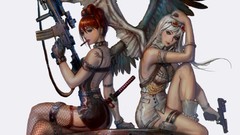 Woman Guns white background Swords blondes angels redheads 