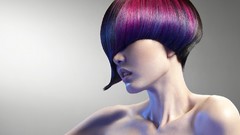 Woman hairstyle fashion asians short hair bare shoulders purple 