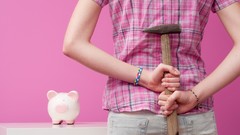 Woman hammer pink background funny hiding piggy bank