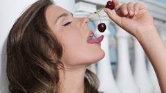 Woman hands cherries tongue eating pleasure brunettes models 