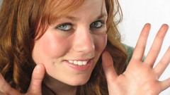 Woman hands faces smiling blue eyes redheads